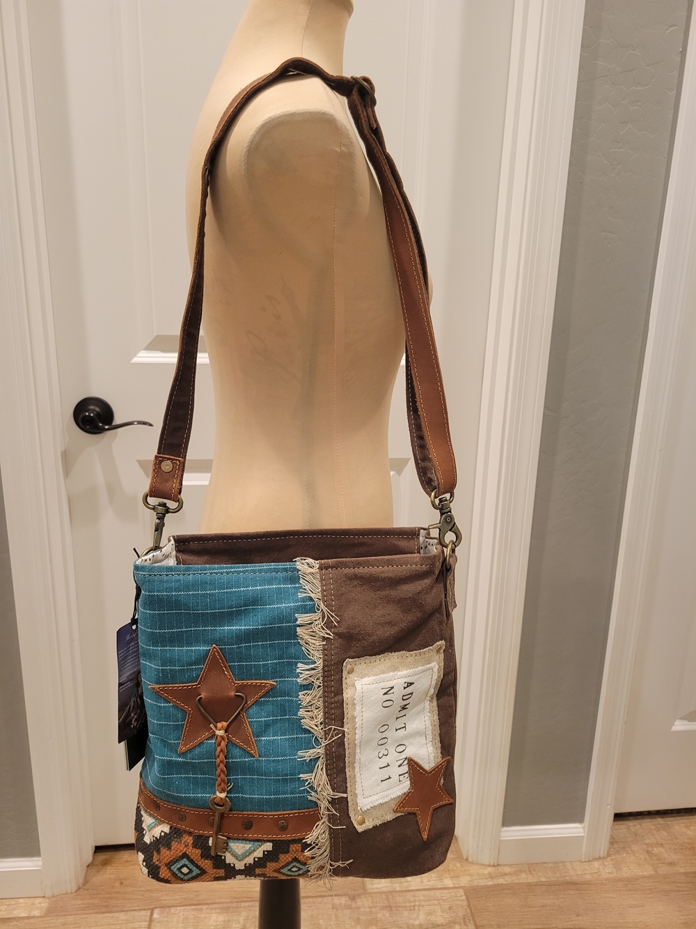 Myra Bag Blue and Brown Patchwork Crossbody Bag
